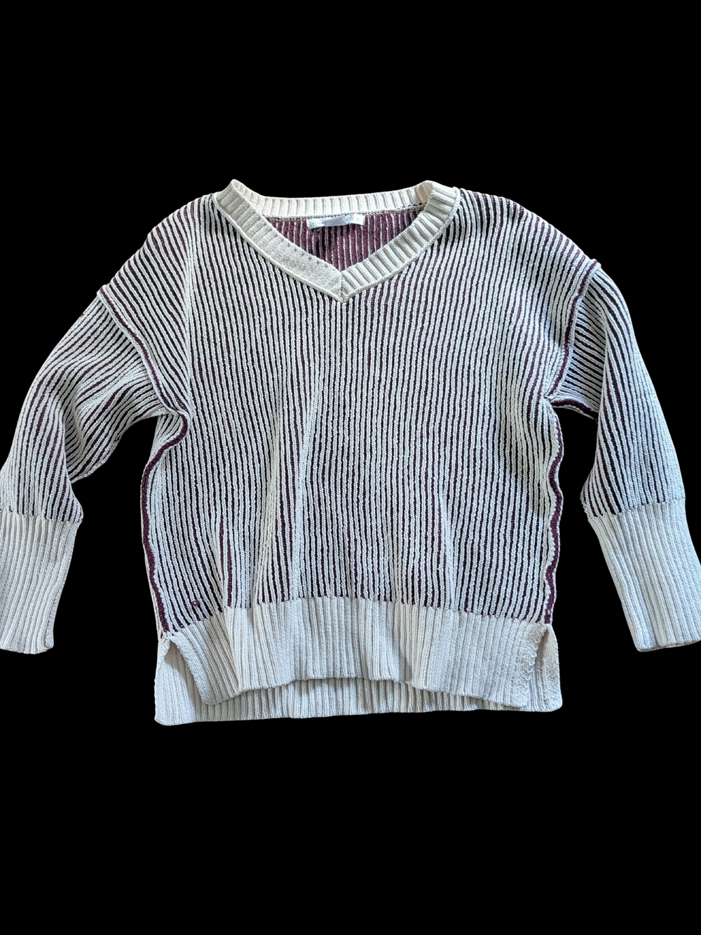 Altar'd State Cream & Burgundy V-Neck Striped Sweater